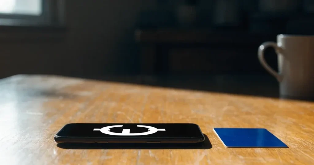 Uno smartphone e una carta di pagamento affiancati su un tavolo di legno, con alcune banconote da euro accanto