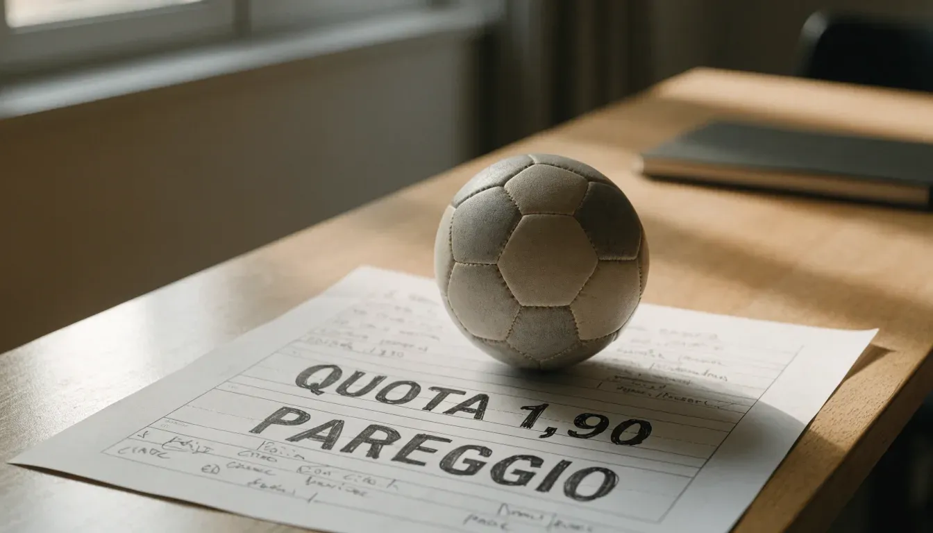 Un pallone da calcio appoggiato su una schedina bianca su un tavolo di legno, alla luce del giorno
