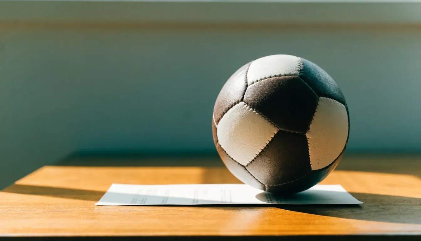 Un pallone da calcio appoggiato su una schedina bianca su un tavolo di legno, alla luce del giorno