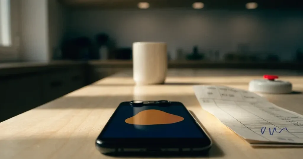 Un documento di identità appoggiato accanto a uno smartphone con un timer sullo schermo, su un tavolo da cucina