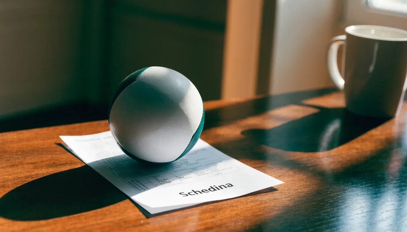 Un pallone da calcio appoggiato su una schedina bianca su un tavolo di legno, alla luce del giorno