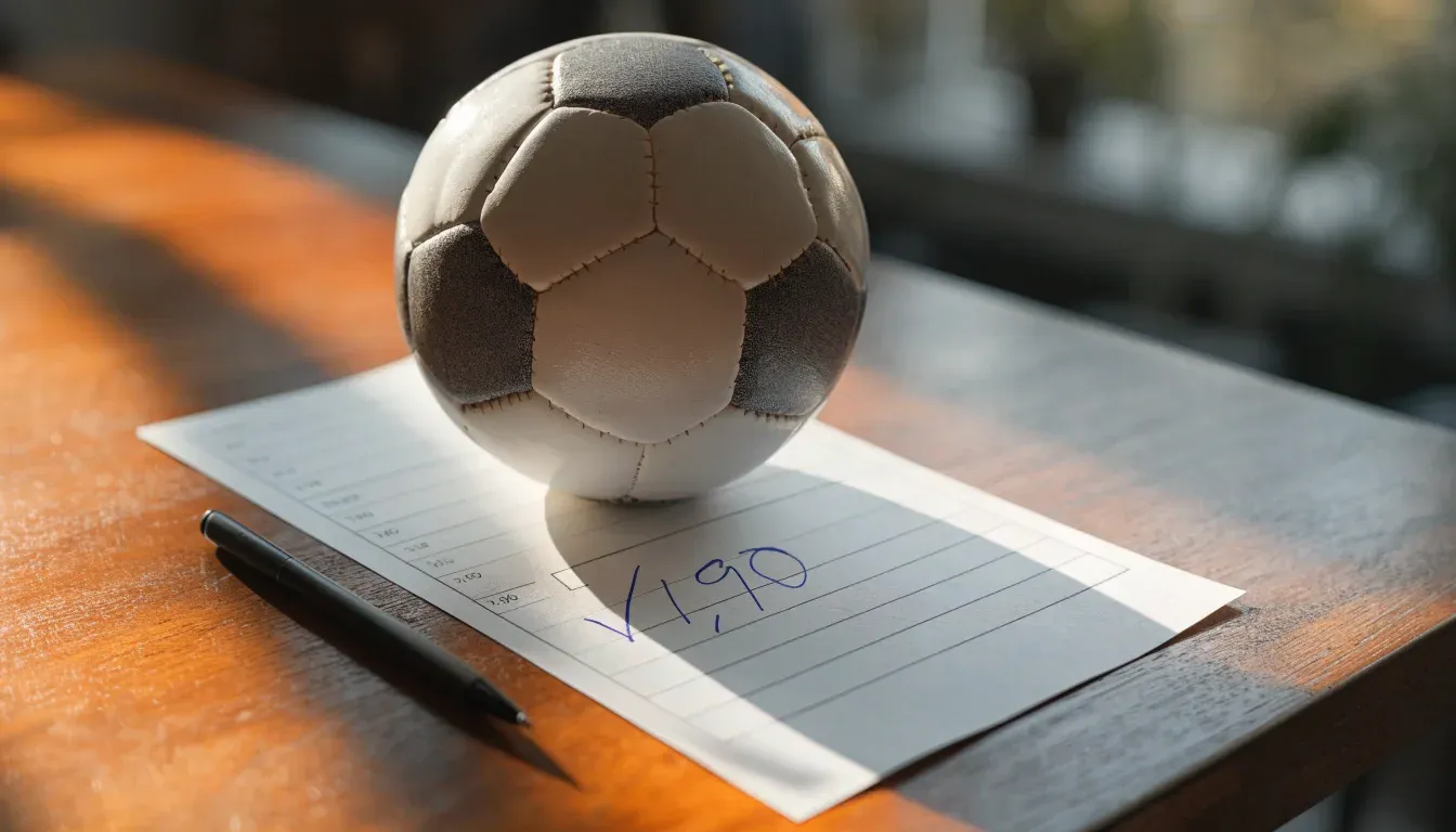 Un pallone da calcio appoggiato su una schedina bianca su un tavolo di legno, alla luce del giorno
