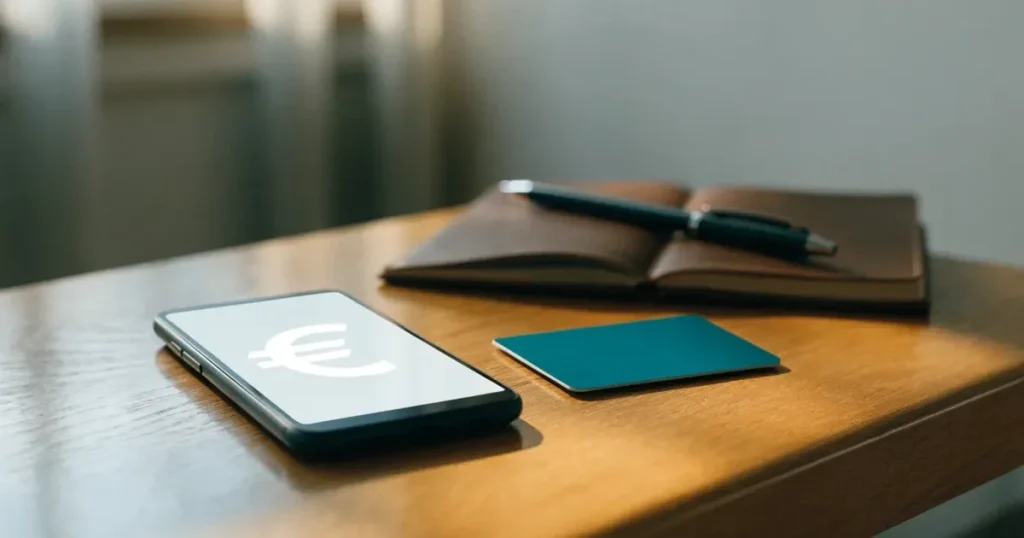 Uno smartphone e una carta di pagamento affiancati su un tavolo di legno, con alcune banconote da euro accanto