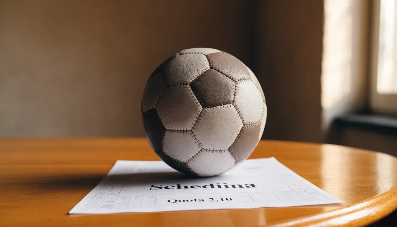 Un pallone da calcio appoggiato su una schedina bianca su un tavolo di legno, alla luce del giorno