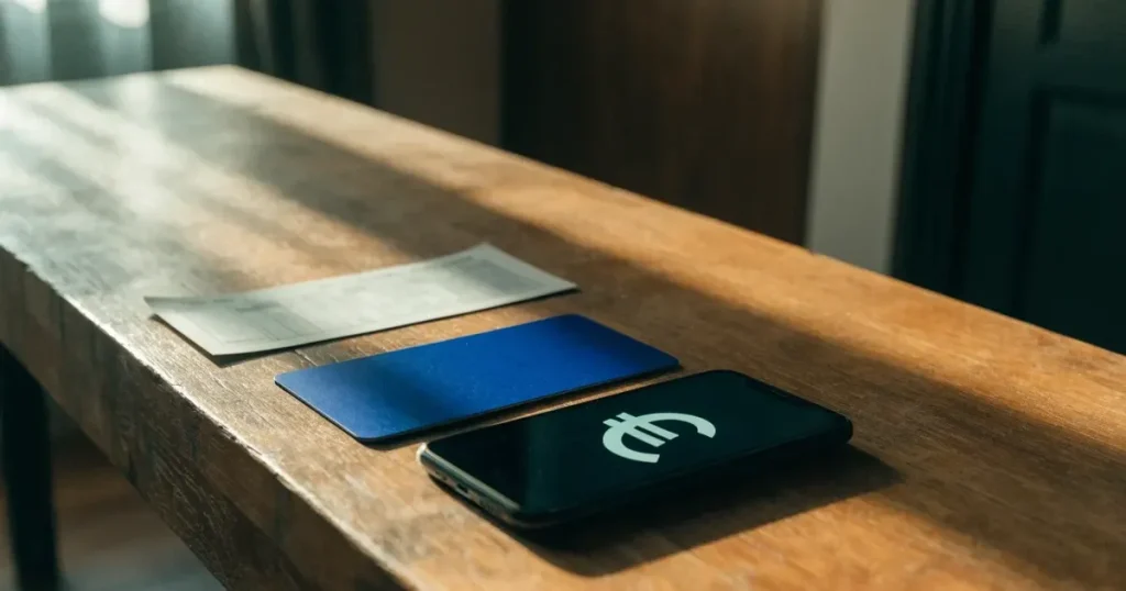 Uno smartphone e una carta di pagamento affiancati su un tavolo di legno, con alcune banconote da euro accanto