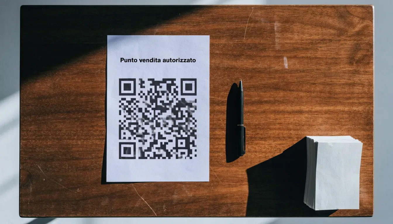 Un foglio di concessione in carta con un timbro rosso, appoggiato su una scrivania di legno accanto a una penna