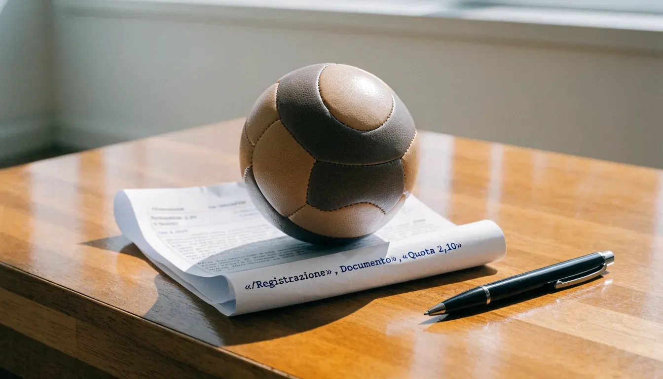 Un pallone da calcio appoggiato su una schedina bianca su un tavolo di legno, alla luce del giorno