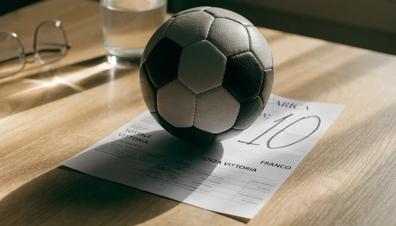 Un pallone da calcio appoggiato su una schedina bianca su un tavolo di legno, alla luce del giorno