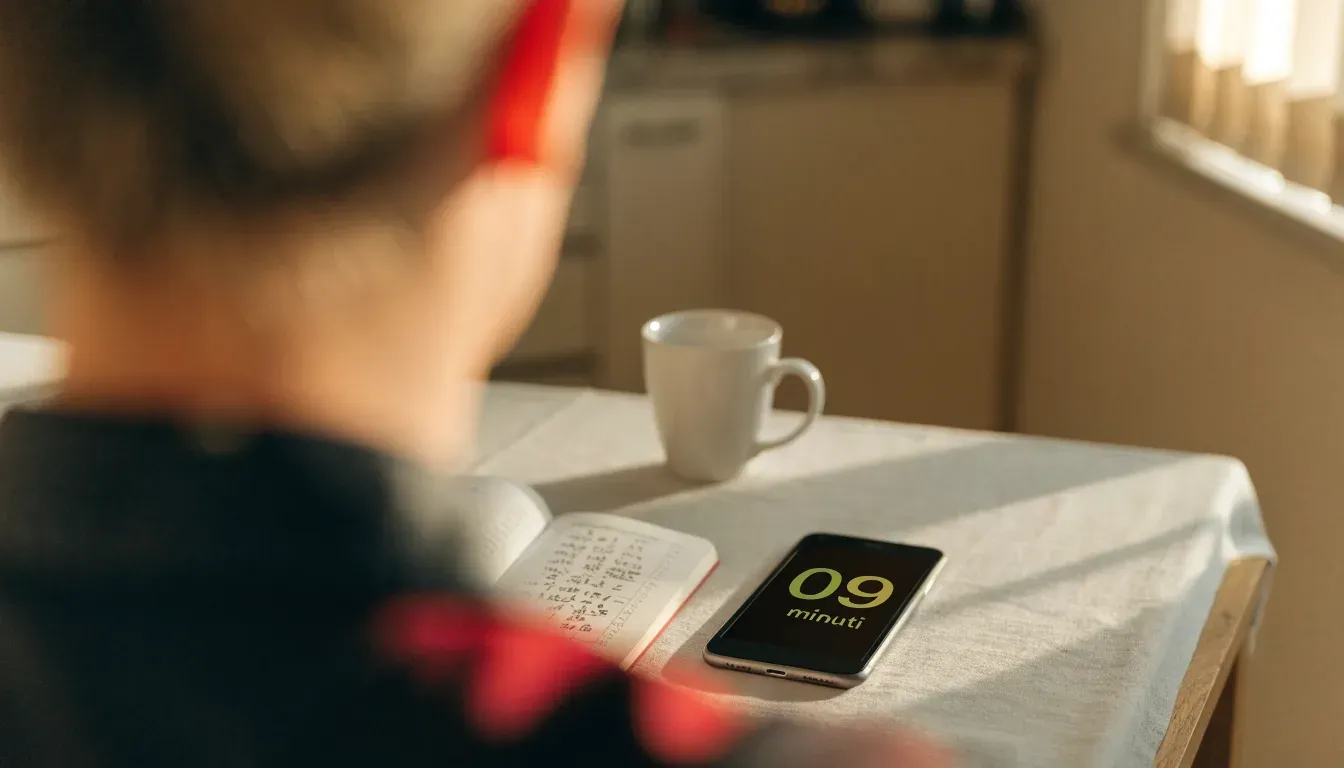Un documento di identità appoggiato accanto a uno smartphone con un timer sullo schermo, su un tavolo da cucina