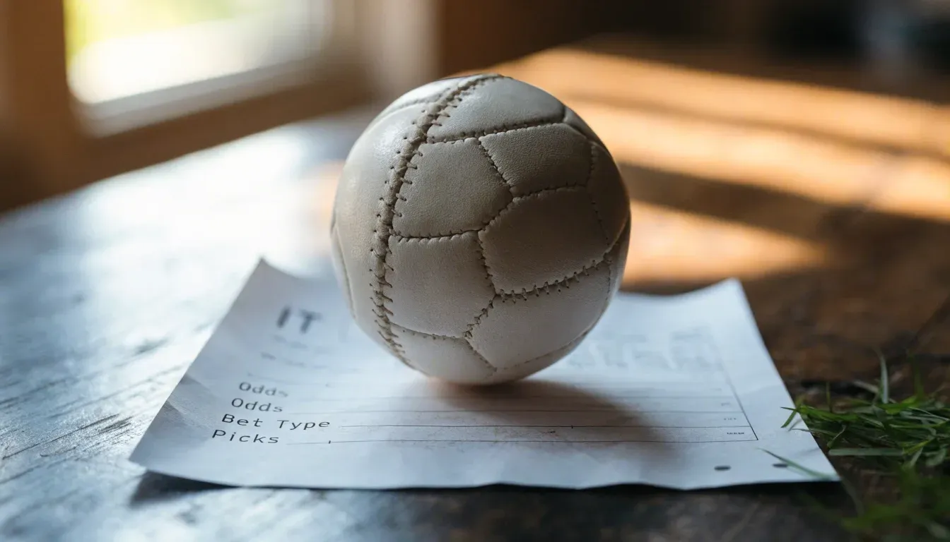 Un pallone da calcio appoggiato su una schedina bianca su un tavolo di legno, alla luce del giorno