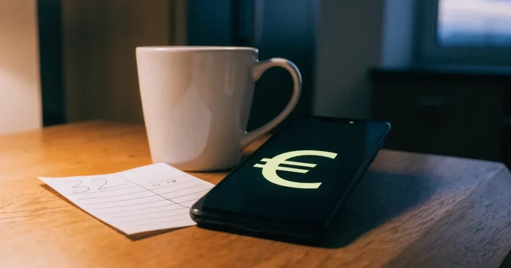 Uno smartphone e una carta di pagamento affiancati su un tavolo di legno, con alcune banconote da euro accanto
