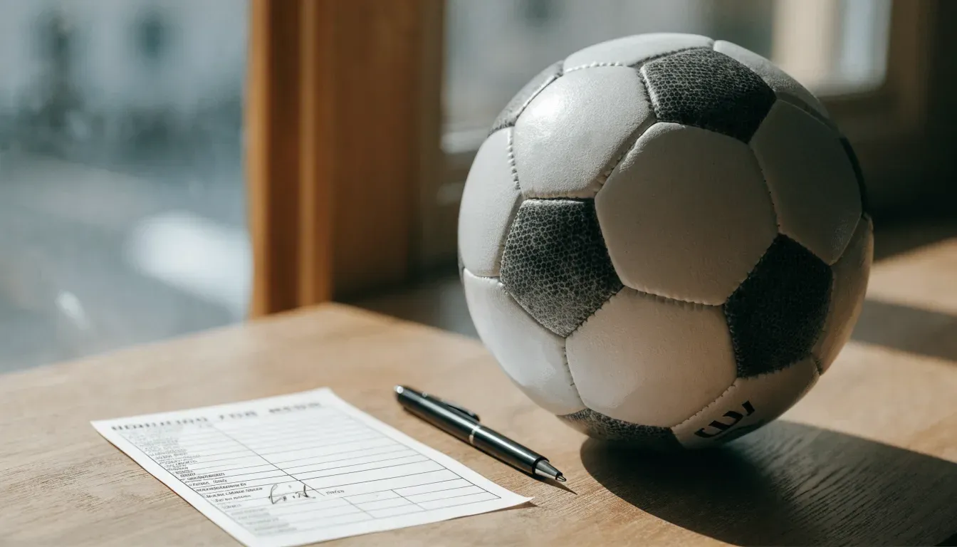 Un pallone da calcio appoggiato su una schedina bianca su un tavolo di legno, alla luce del giorno
