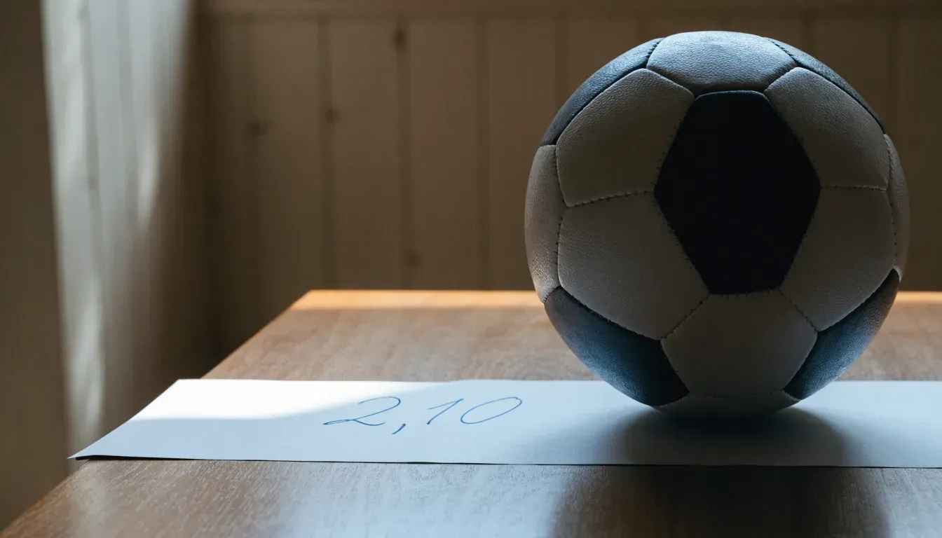 Un pallone da calcio appoggiato su una schedina bianca su un tavolo di legno, alla luce del giorno