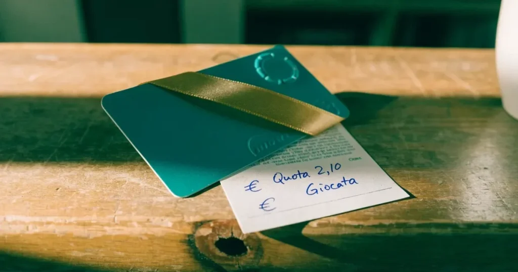 Un biglietto regalo con un nastro dorato accanto a una schedina su un bancone di legno