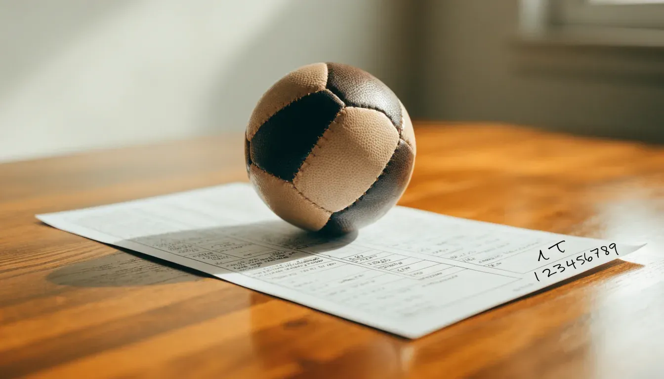 Un pallone da calcio appoggiato su una schedina bianca su un tavolo di legno, alla luce del giorno