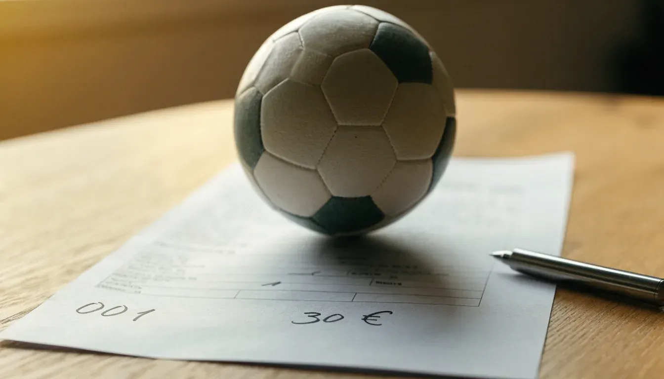 Un pallone da calcio appoggiato su una schedina bianca su un tavolo di legno, alla luce del giorno