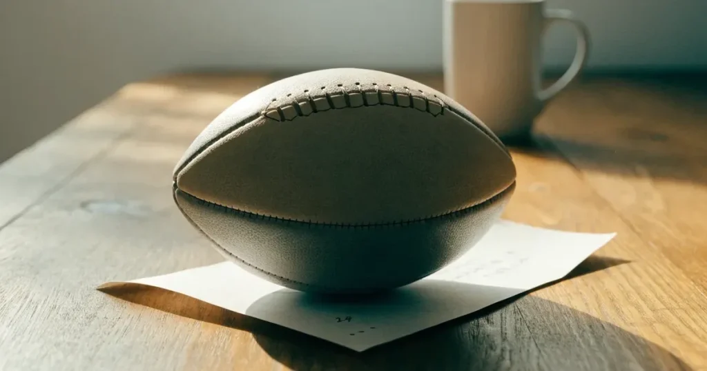 Un pallone da calcio appoggiato su una schedina bianca su un tavolo di legno, alla luce del giorno