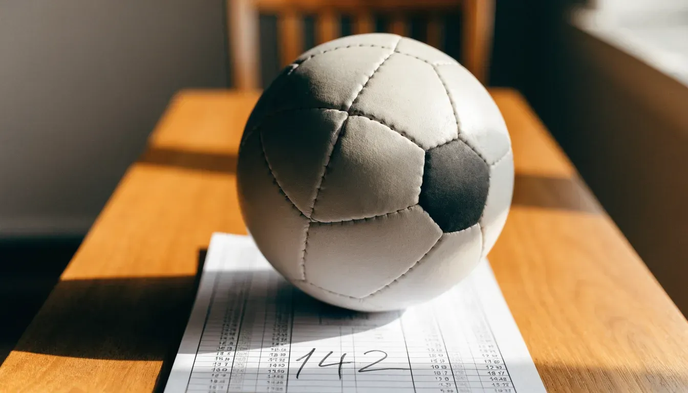 Un pallone da calcio appoggiato su una schedina bianca su un tavolo di legno, alla luce del giorno