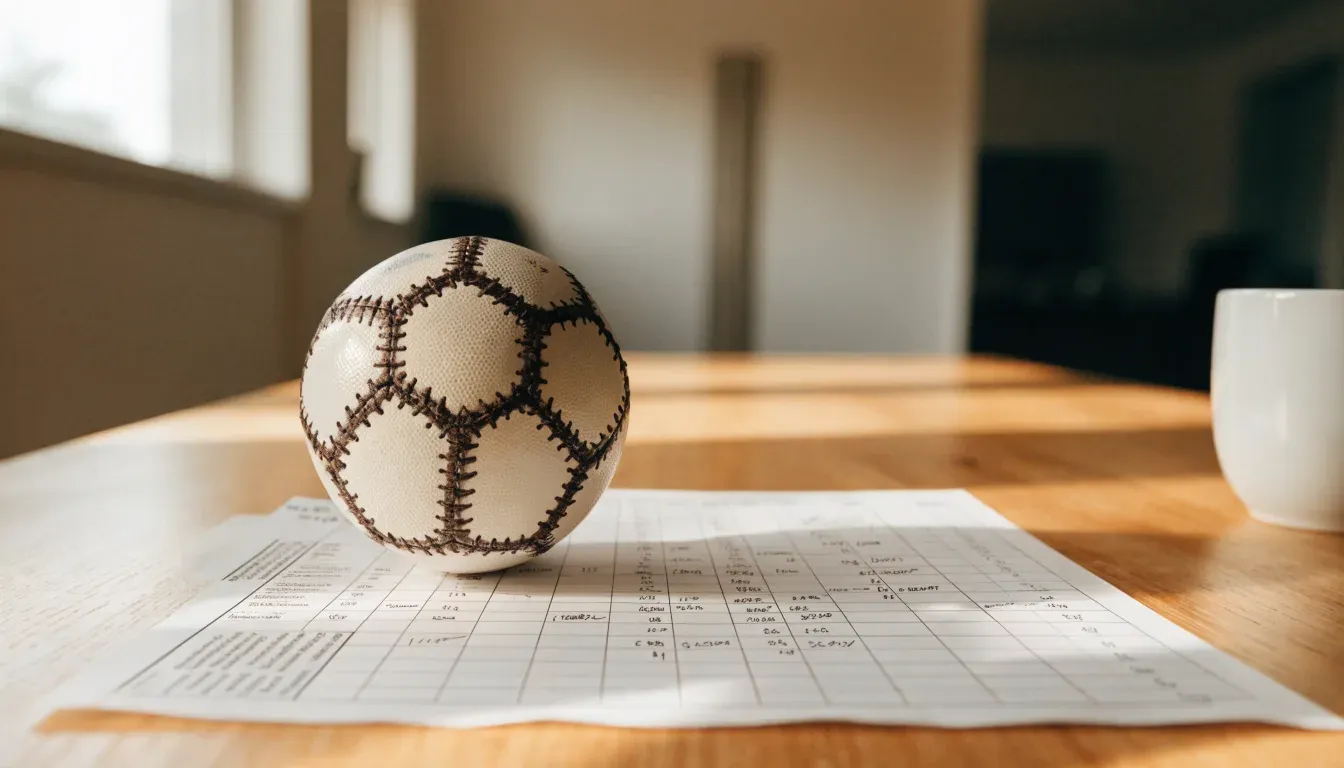 Un pallone da calcio appoggiato su una schedina bianca su un tavolo di legno, alla luce del giorno