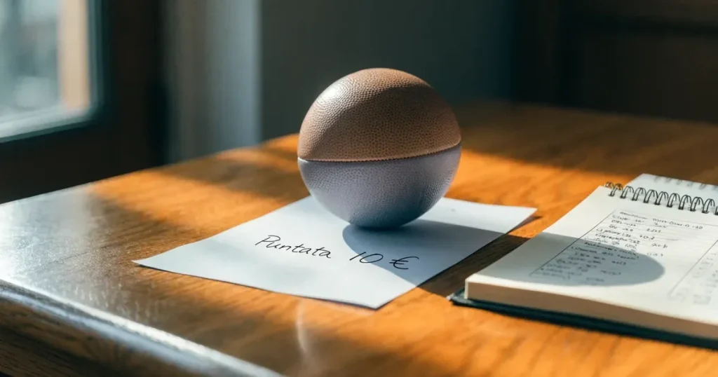 Un pallone da calcio appoggiato su una schedina bianca su un tavolo di legno, alla luce del giorno