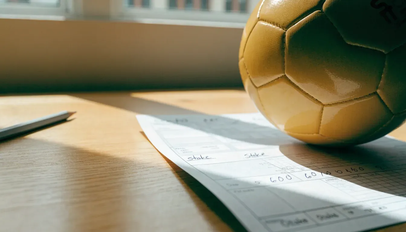 Un pallone da calcio appoggiato su una schedina bianca su un tavolo di legno, alla luce del giorno