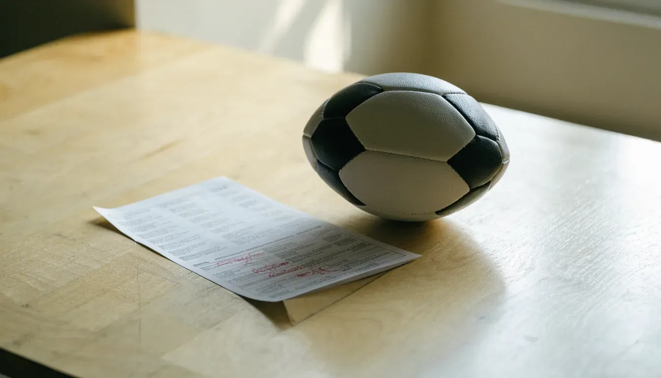 Un pallone da calcio appoggiato su una schedina bianca su un tavolo di legno, alla luce del giorno