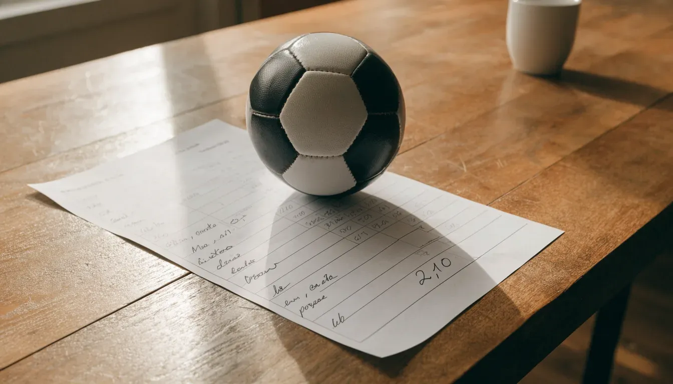 Un pallone da calcio appoggiato su una schedina bianca su un tavolo di legno, alla luce del giorno