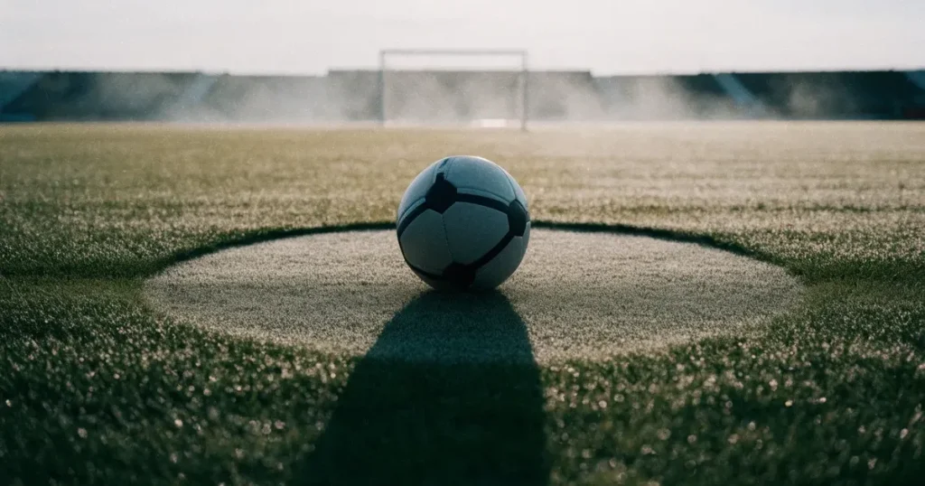 Un pallone da calcio sul dischetto del centrocampo di un prato, alla luce del mattino