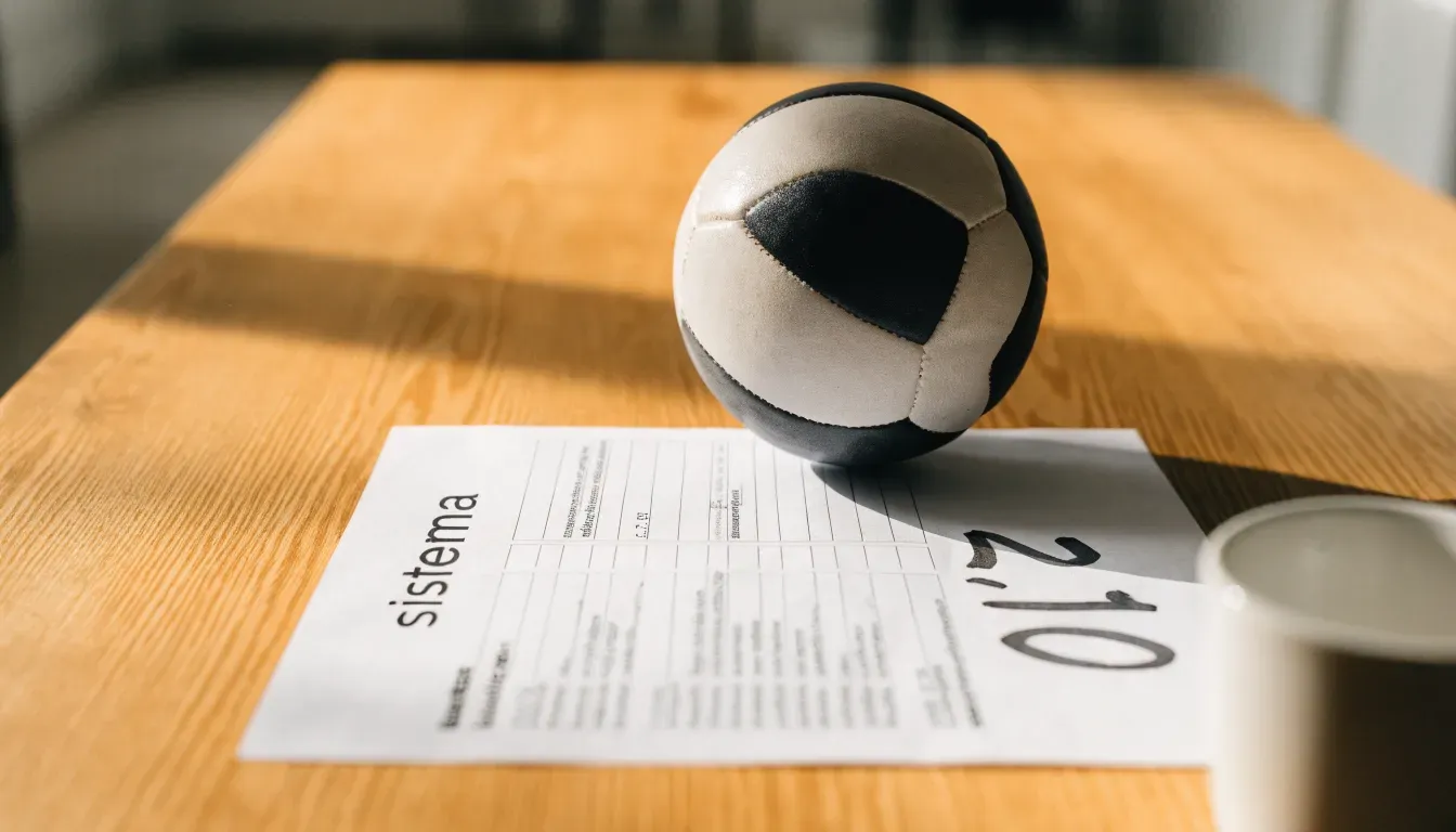 Un pallone da calcio appoggiato su una schedina bianca su un tavolo di legno, alla luce del giorno