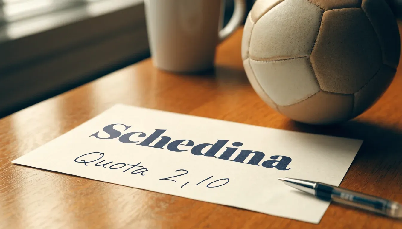 Un pallone da calcio appoggiato su una schedina bianca su un tavolo di legno, alla luce del giorno