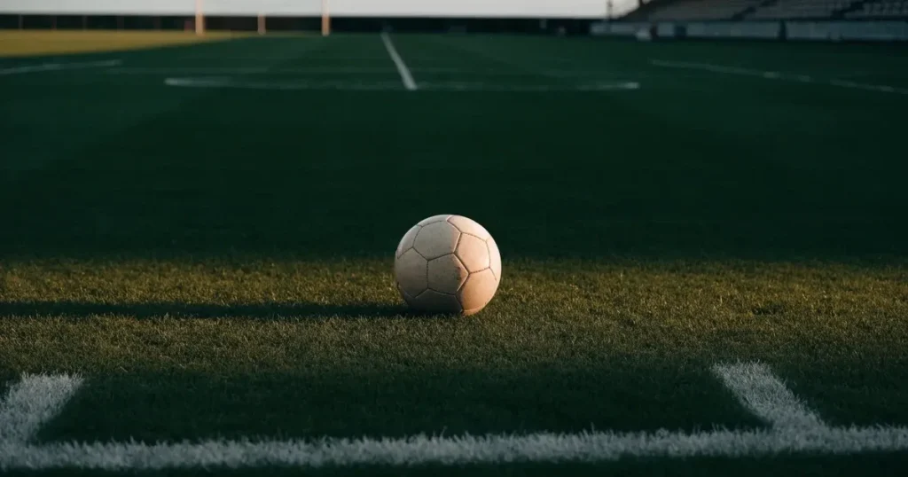Un pallone da calcio sul dischetto del centrocampo di un prato, alla luce del mattino
