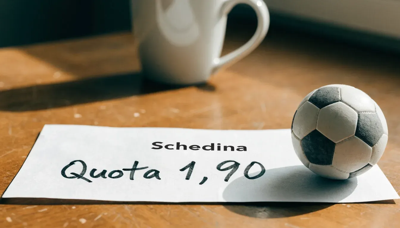 Un pallone da calcio appoggiato su una schedina bianca su un tavolo di legno, alla luce del giorno