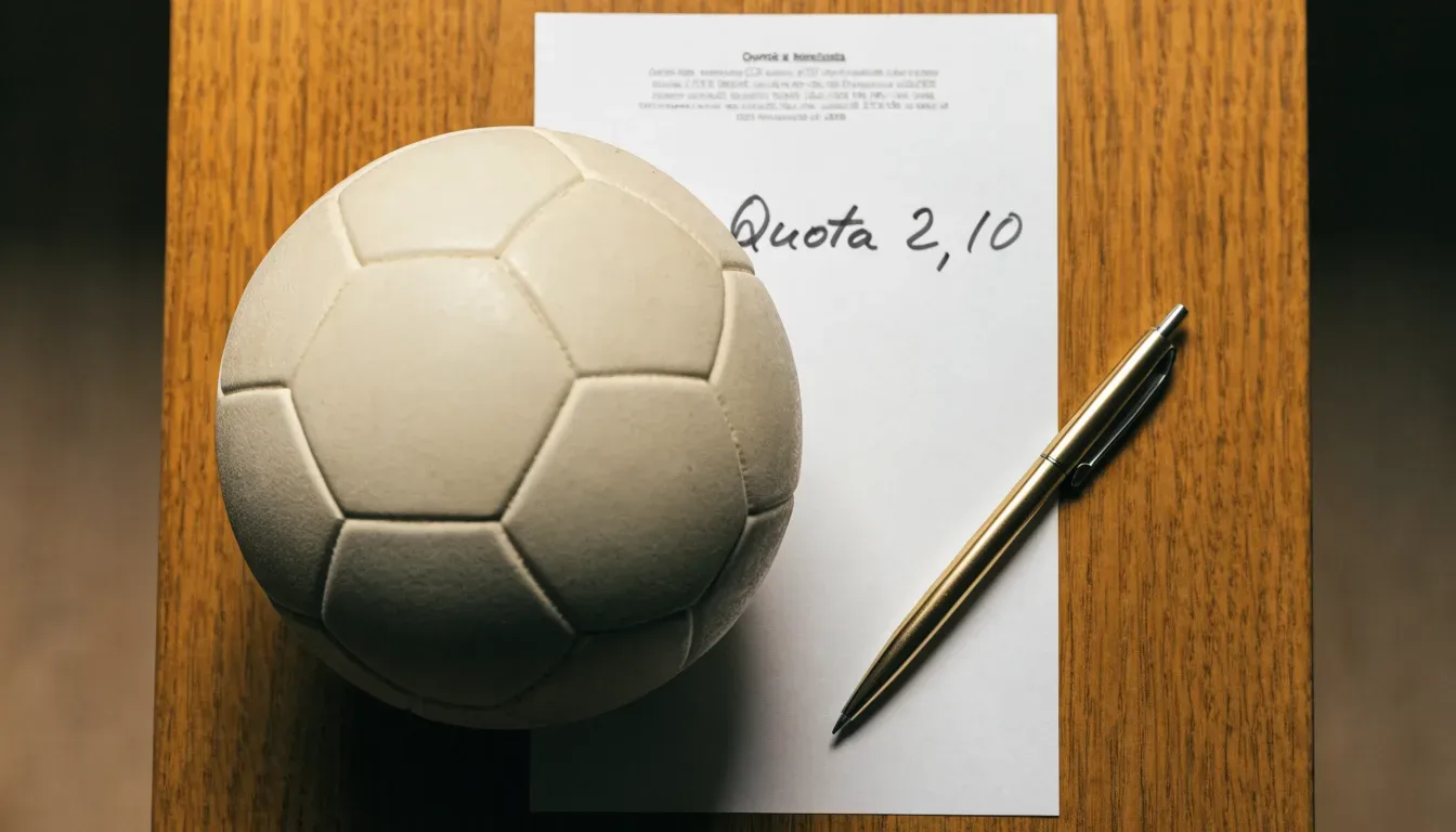 Un pallone da calcio appoggiato su una schedina bianca su un tavolo di legno, alla luce del giorno