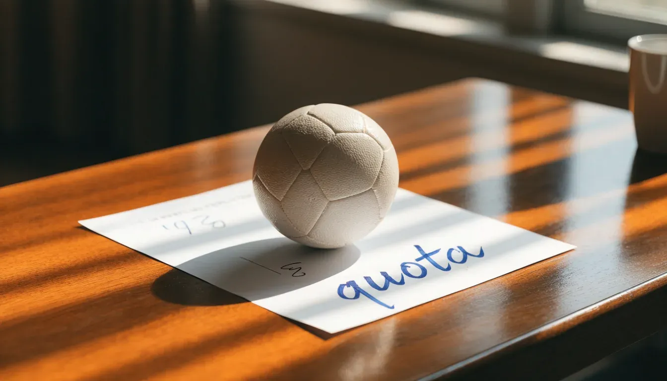 Un pallone da calcio appoggiato su una schedina bianca su un tavolo di legno, alla luce del giorno
