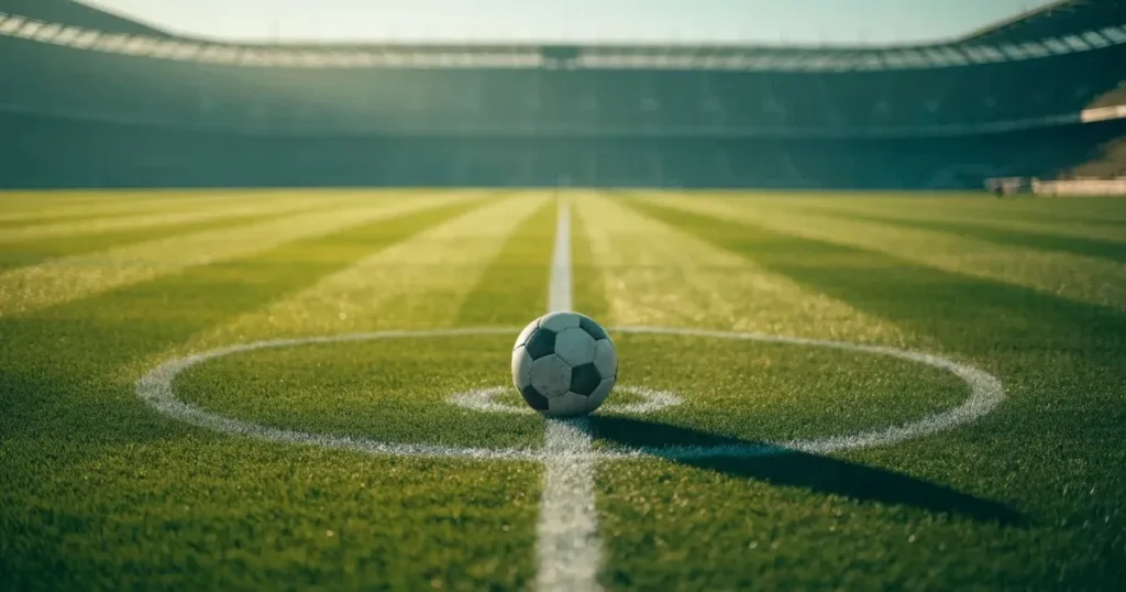Un pallone da calcio sul dischetto del centrocampo di un prato, alla luce del mattino