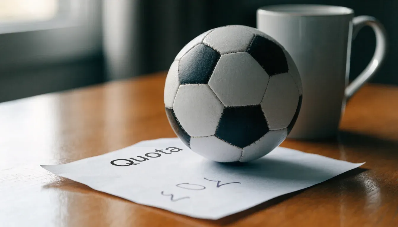 Un pallone da calcio appoggiato su una schedina bianca su un tavolo di legno, alla luce del giorno