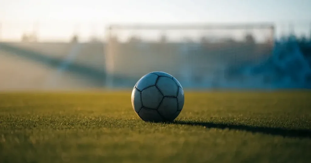 Un pallone da calcio sul dischetto del centrocampo di un prato, alla luce del mattino