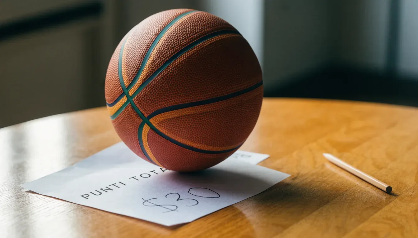 Un pallone da calcio appoggiato su una schedina bianca su un tavolo di legno, alla luce del giorno