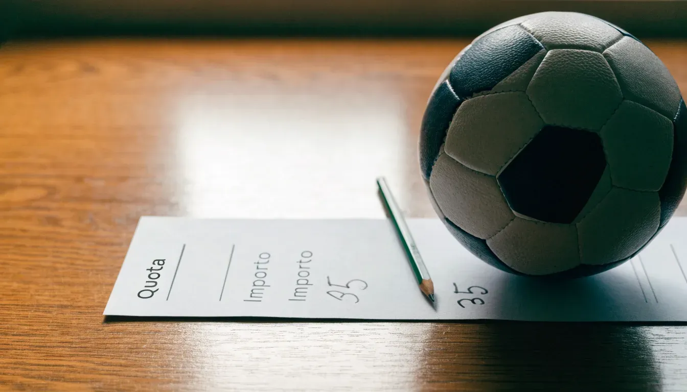Un pallone da calcio appoggiato su una schedina bianca su un tavolo di legno, alla luce del giorno