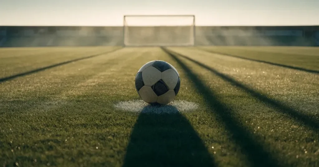 Un pallone da calcio sul dischetto del centrocampo di un prato, alla luce del mattino