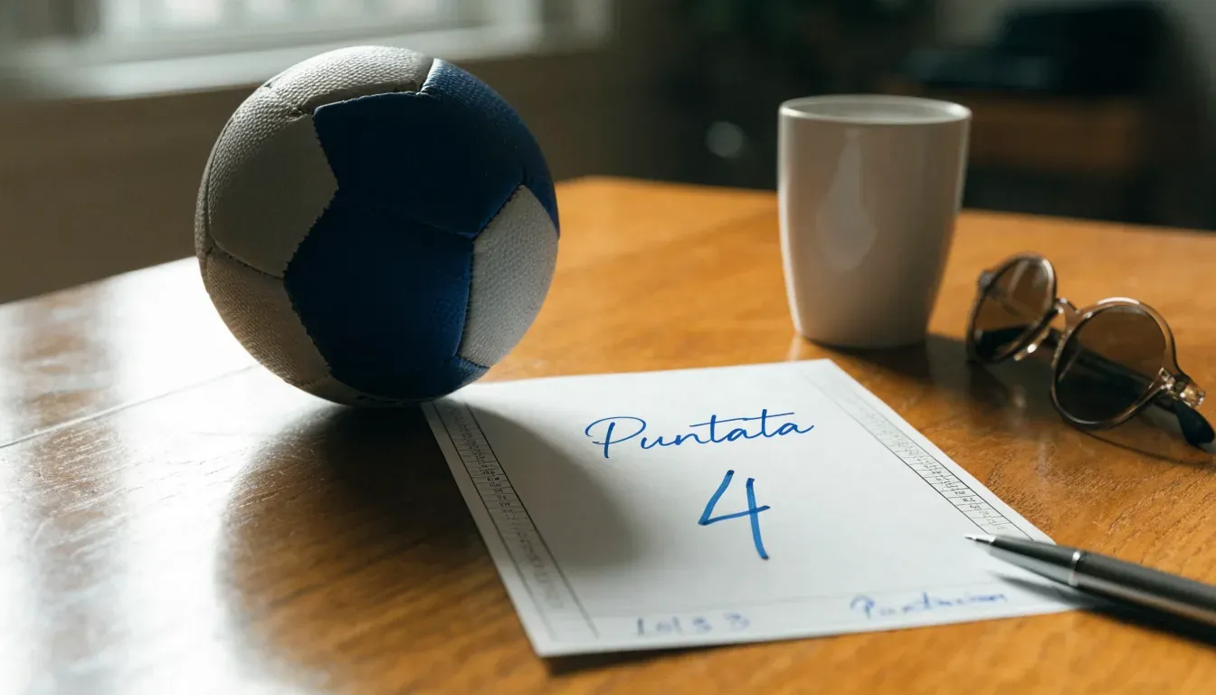 Un pallone da calcio appoggiato su una schedina bianca su un tavolo di legno, alla luce del giorno