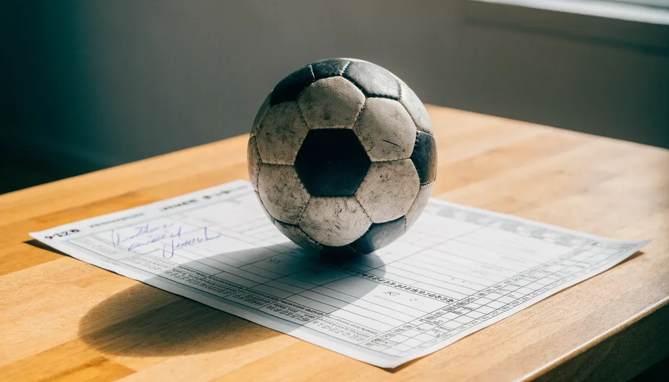 Un pallone da calcio appoggiato su una schedina bianca su un tavolo di legno, alla luce del giorno