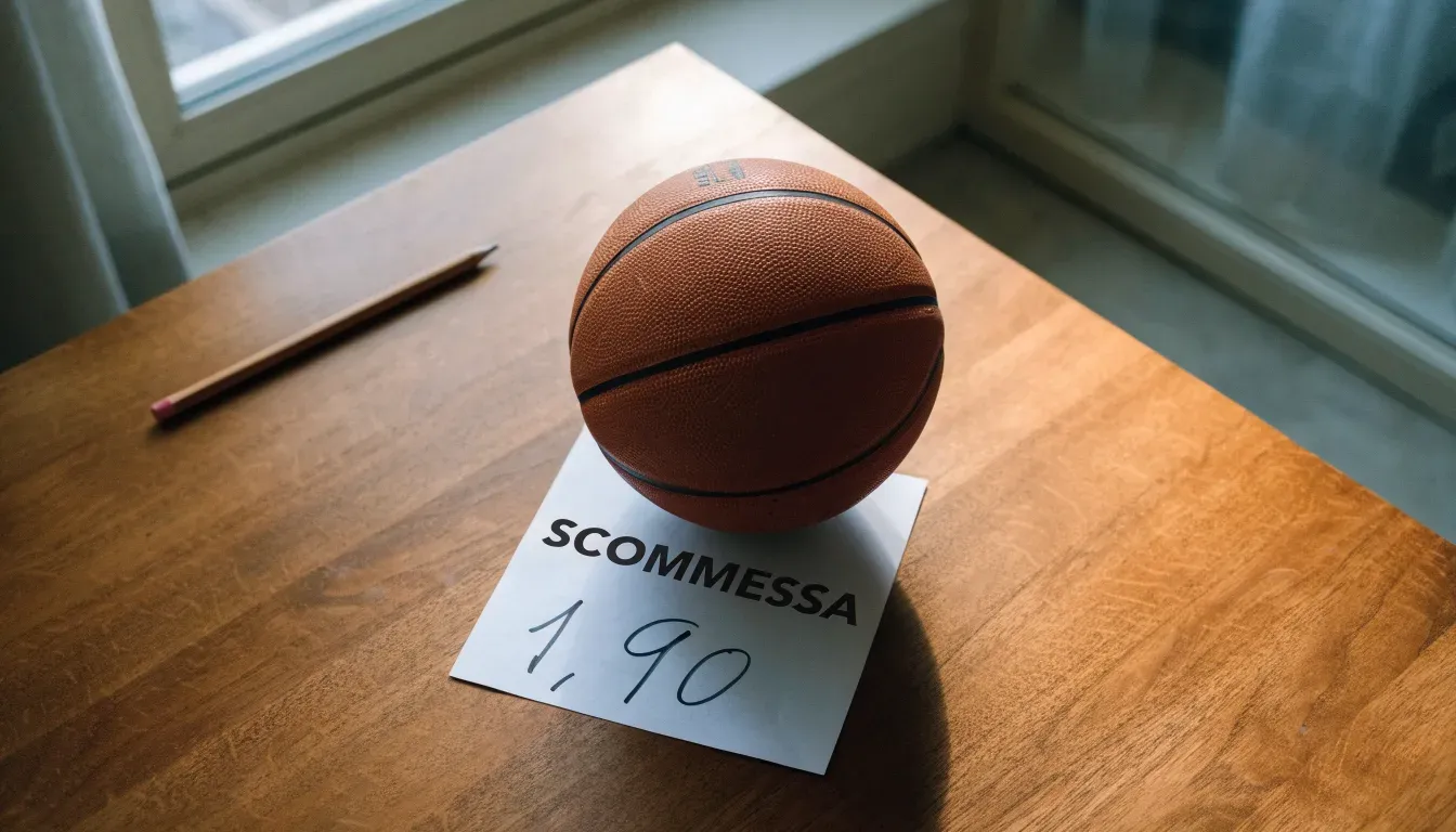 Un pallone da calcio appoggiato su una schedina bianca su un tavolo di legno, alla luce del giorno