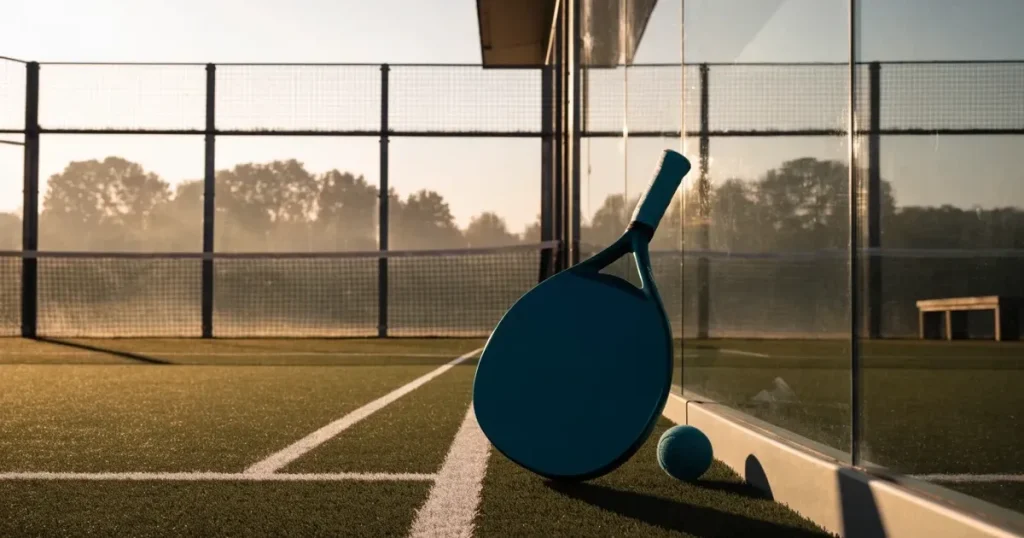 Un pallone da calcio sul dischetto del centrocampo di un prato, alla luce del mattino