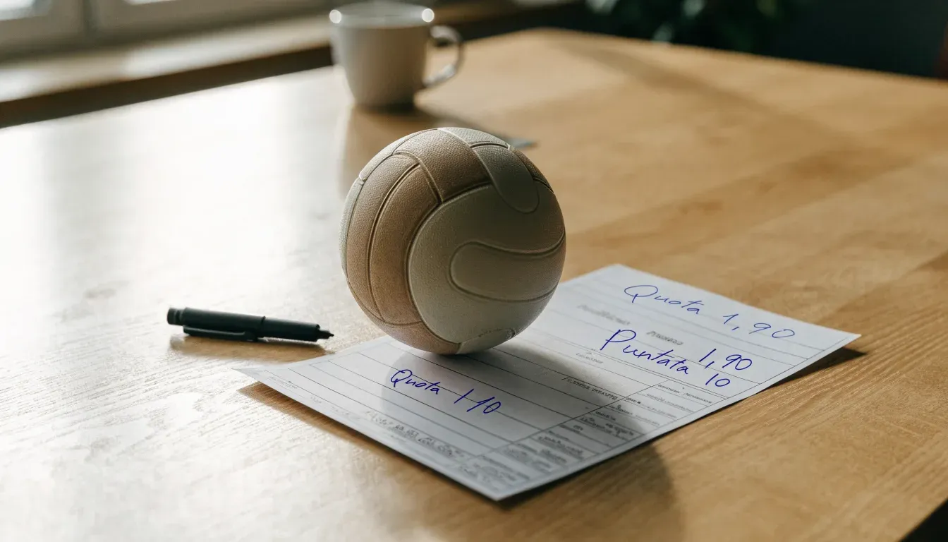 Un pallone da calcio appoggiato su una schedina bianca su un tavolo di legno, alla luce del giorno