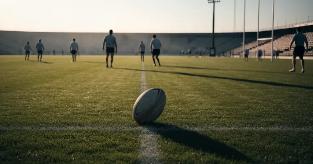 Un pallone da calcio sul dischetto del centrocampo di un prato, alla luce del mattino