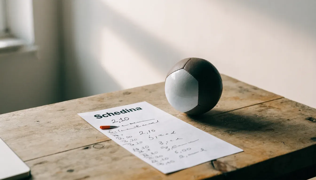 Un pallone da calcio appoggiato su una schedina bianca su un tavolo di legno, alla luce del giorno