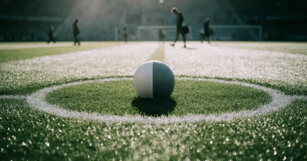 Un pallone da calcio sul dischetto del centrocampo di un prato, alla luce del mattino