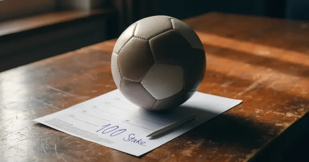 Un pallone da calcio appoggiato su una schedina bianca su un tavolo di legno, alla luce del giorno