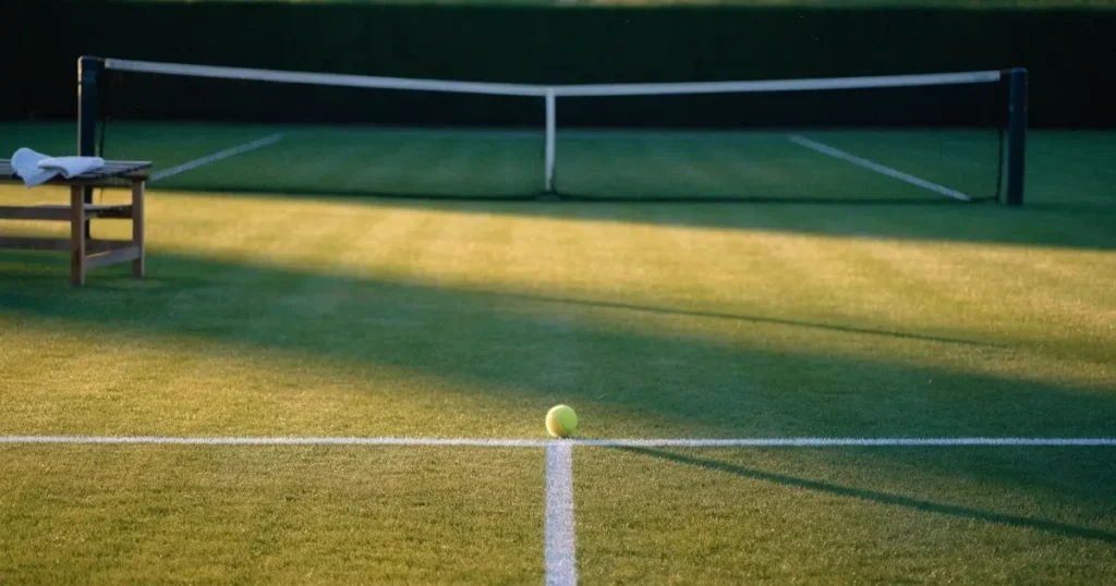 Un pallone da calcio sul dischetto del centrocampo di un prato, alla luce del mattino